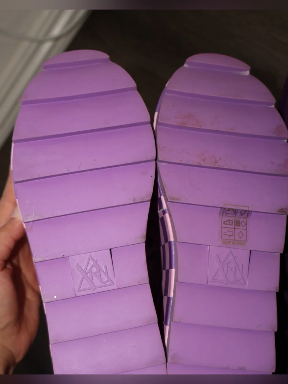 womens YRU pair of pink and purple checkered platform high-top sneakers Size 5